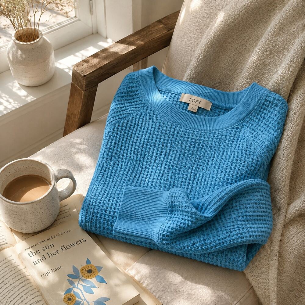 LOFT Blue Waffle Knit Pullover Sweater Small Cozy Soft Casual Lounge Top